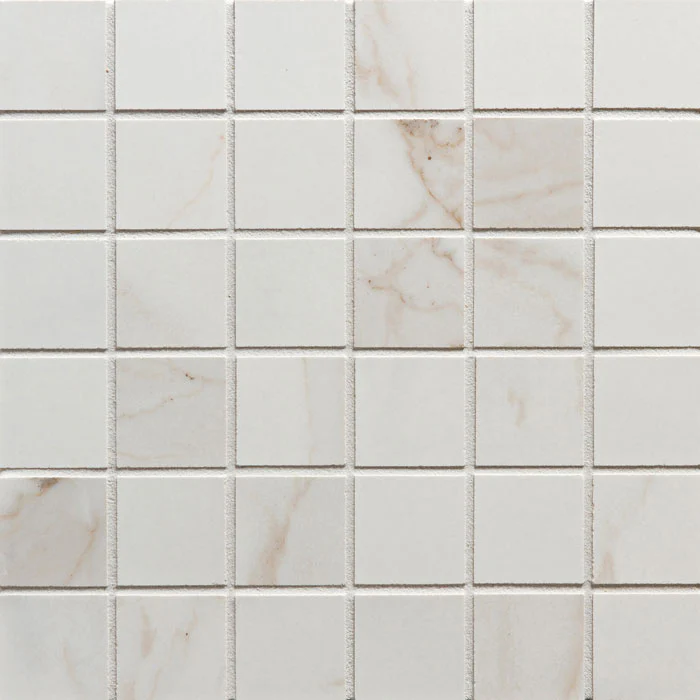 Calacata Porcelain Square Mosaic 2X2 White Brushed