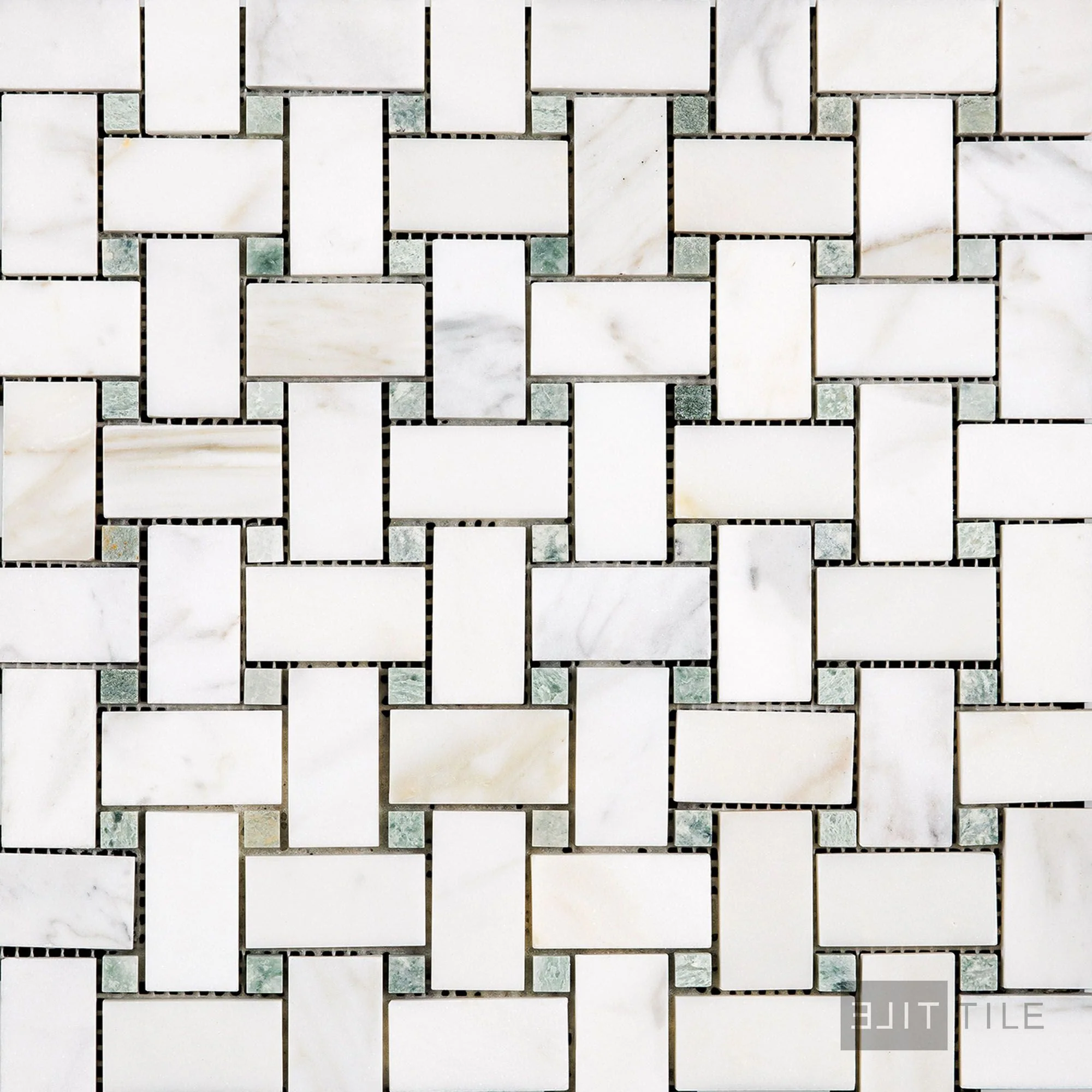 Calacatta Gold Marble Basketweave W/Green Dot Honed Mosaic