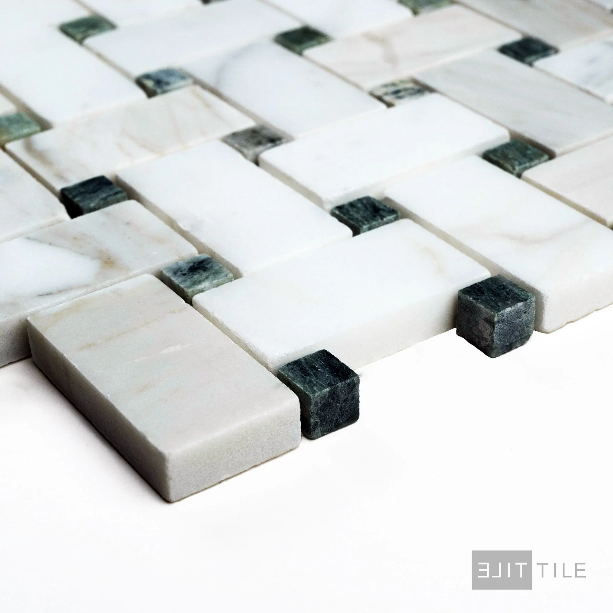 Calacatta Gold Marble Basketweave W/Green Dot Honed Mosaic - Image 3