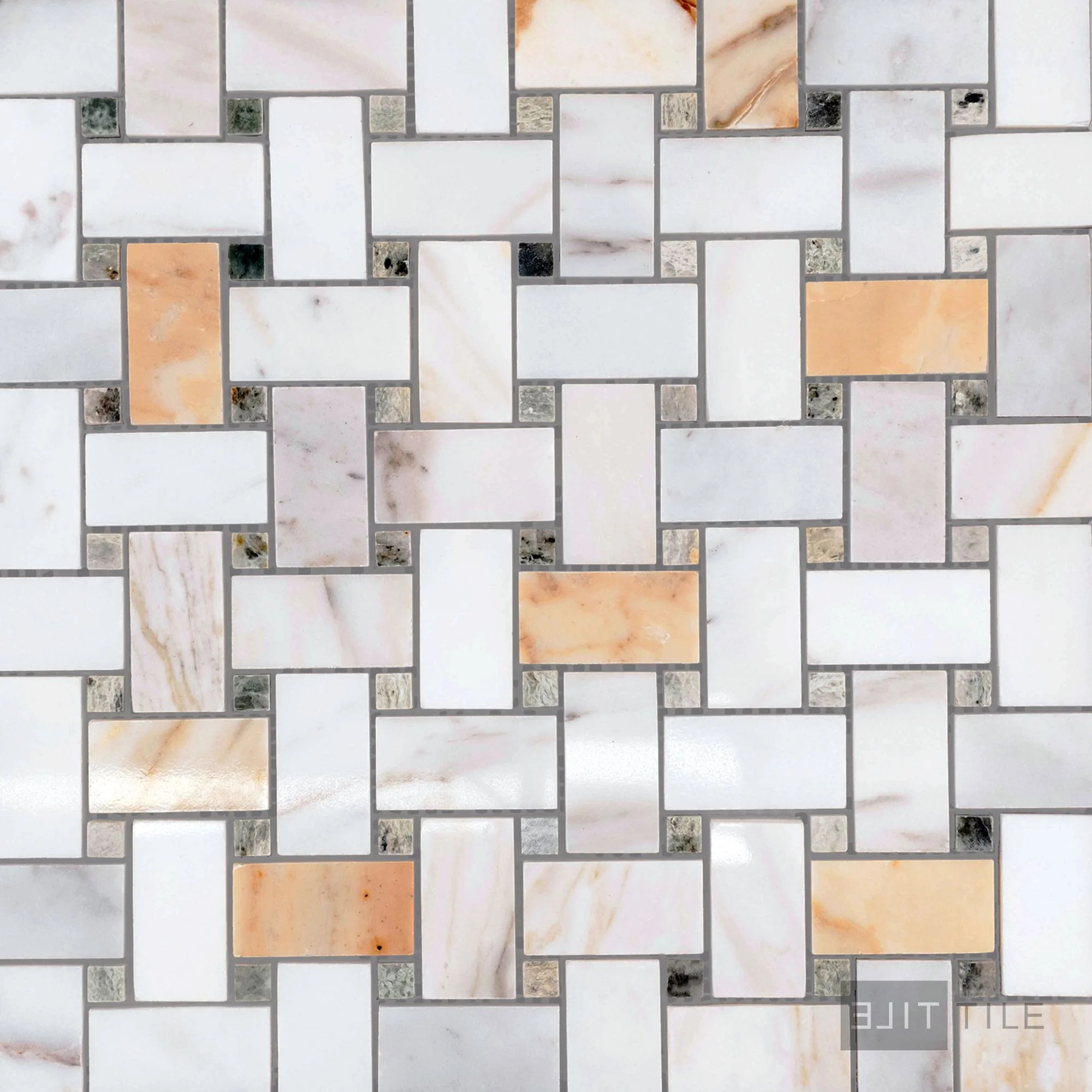Calacatta Gold Marble Basketweave W/Green Dot Polished Mosaic