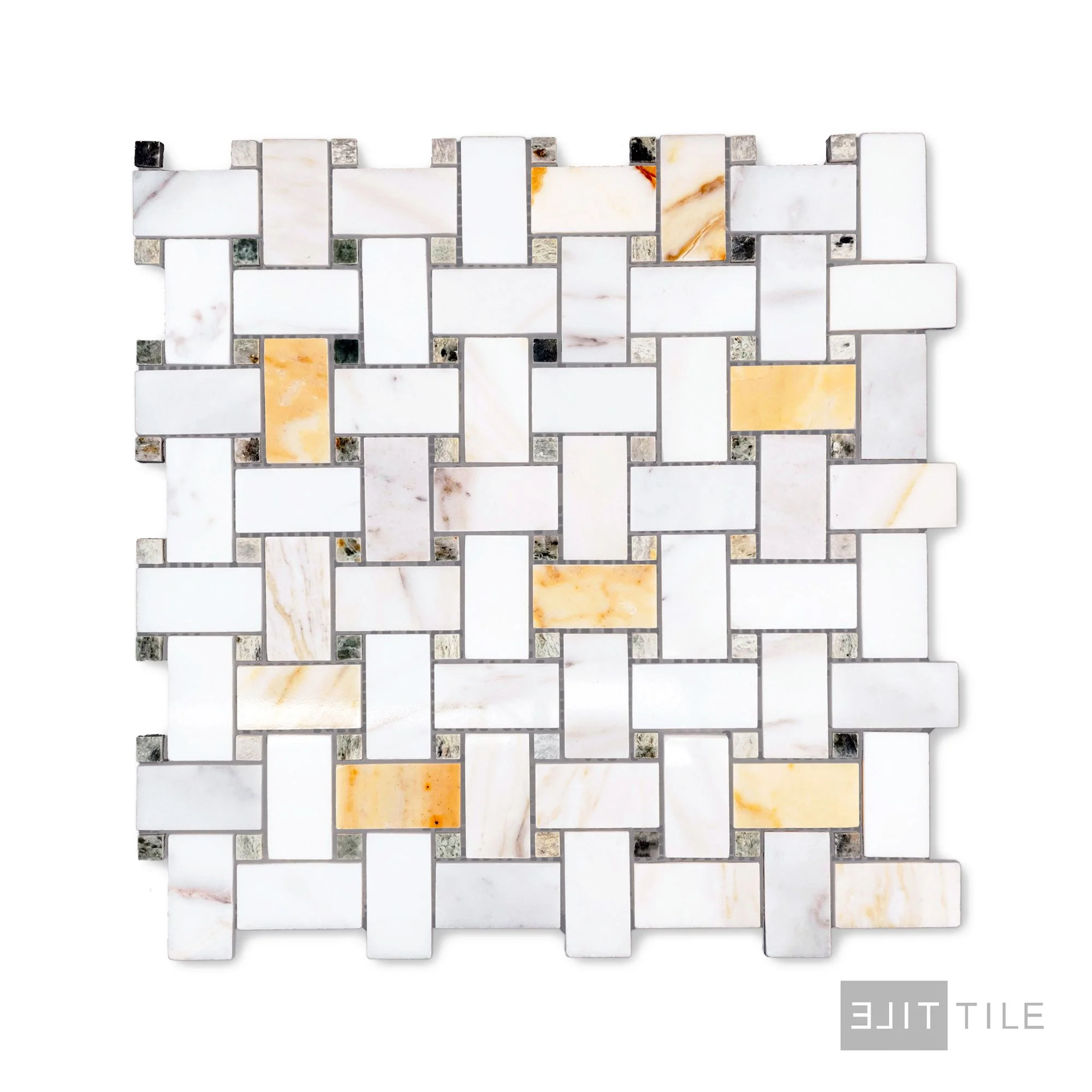 Calacatta Gold Marble Basketweave W/Green Dot Polished Mosaic - Image 2