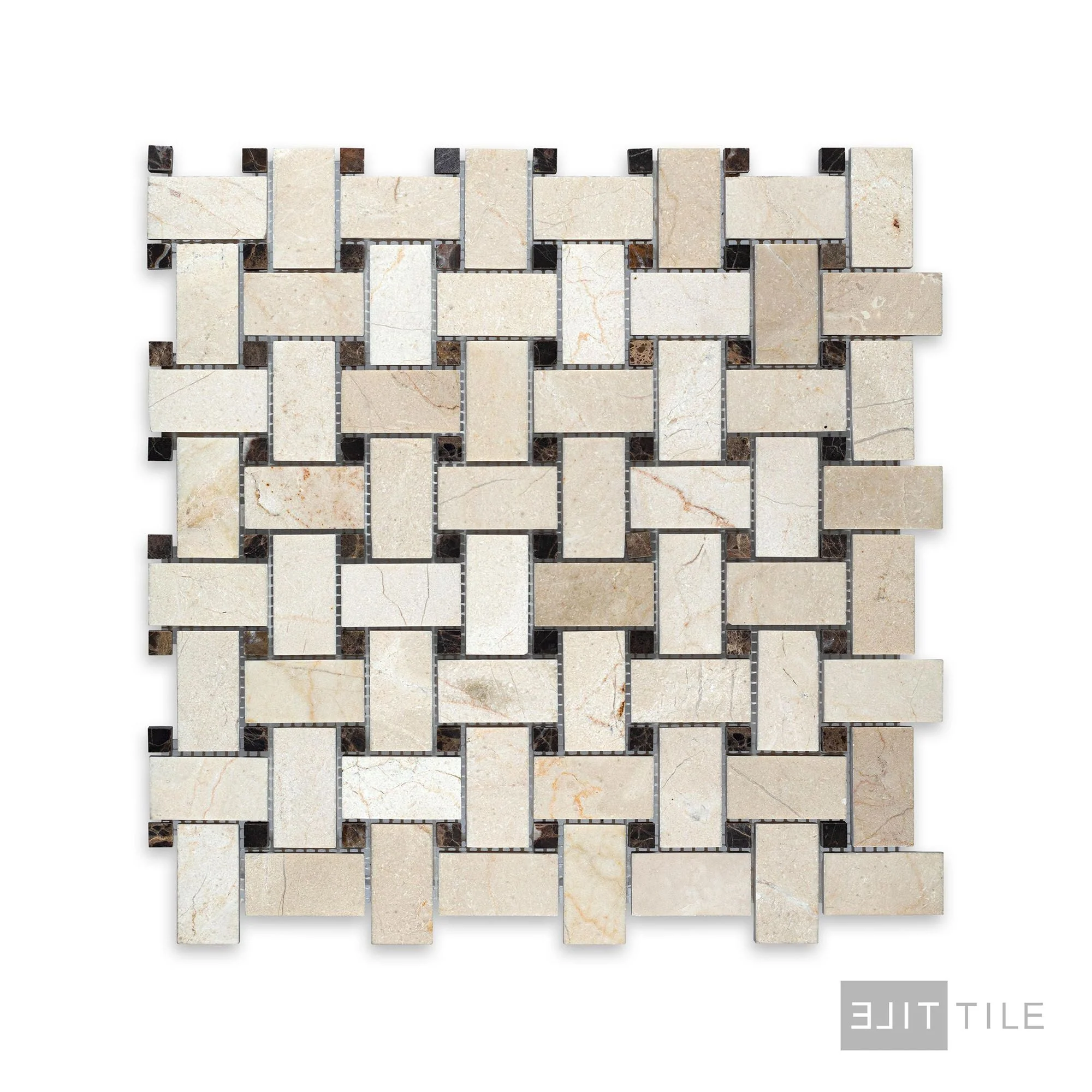 Crema Marfil Marble Basketweave W/ Brown Dot Honed Mosaic - Image 2