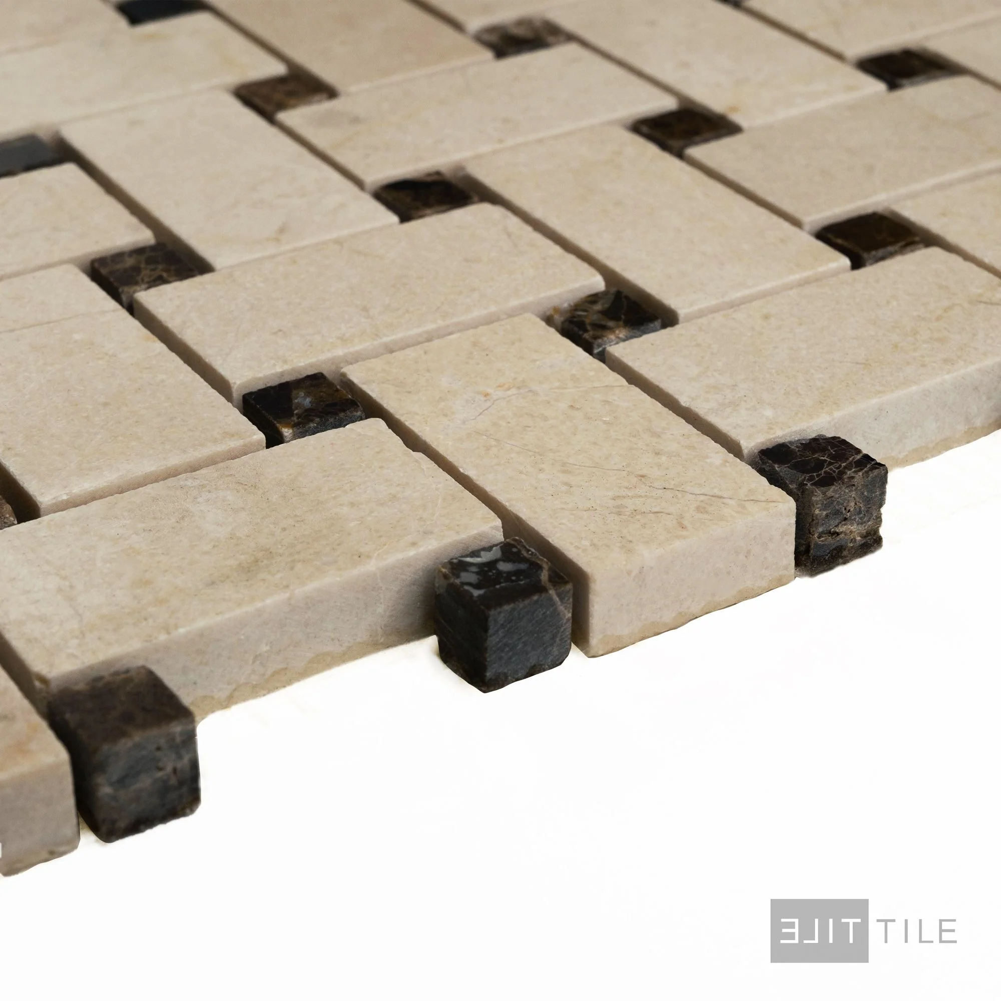 Crema Marfil Marble Basketweave W/ Brown Dot Honed Mosaic - Image 3