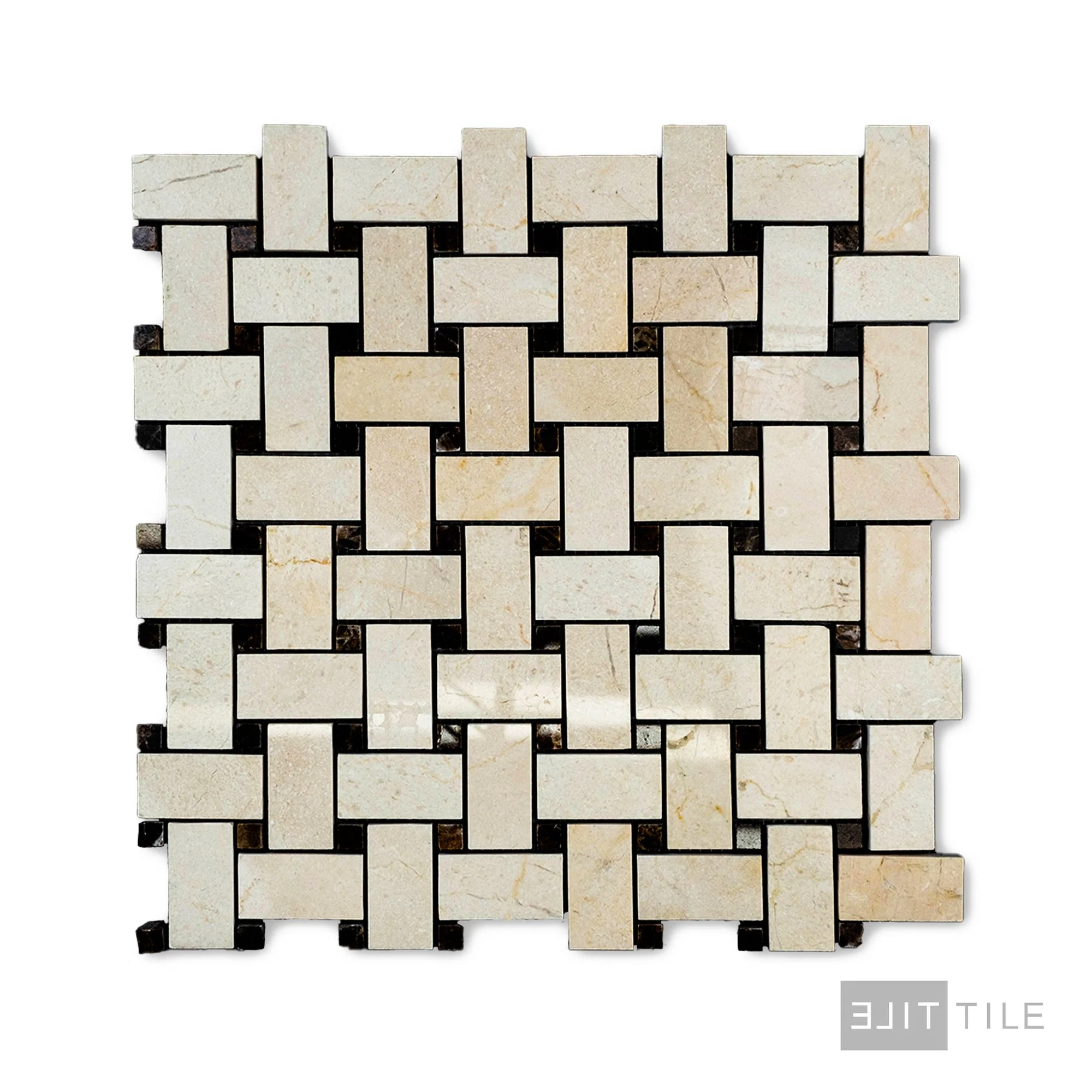 Crema Marfil Marble Basketweave W/ Brown Dot Polished Mosaic - Image 2