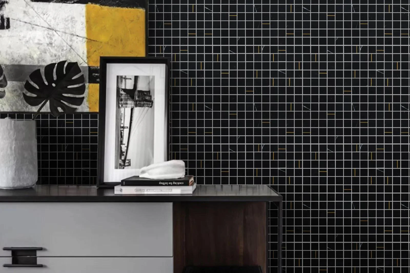 Ferrara 1X1 Stone W/Inlaid Brass Mosaic 11-3/4X11-3/4 Nero Honed - Image 2