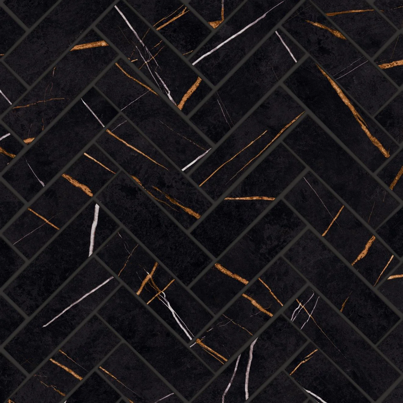 Magnifica Era Luxury 1X4 Herringbone Mosaic Satin 12X12 Sahara Noir