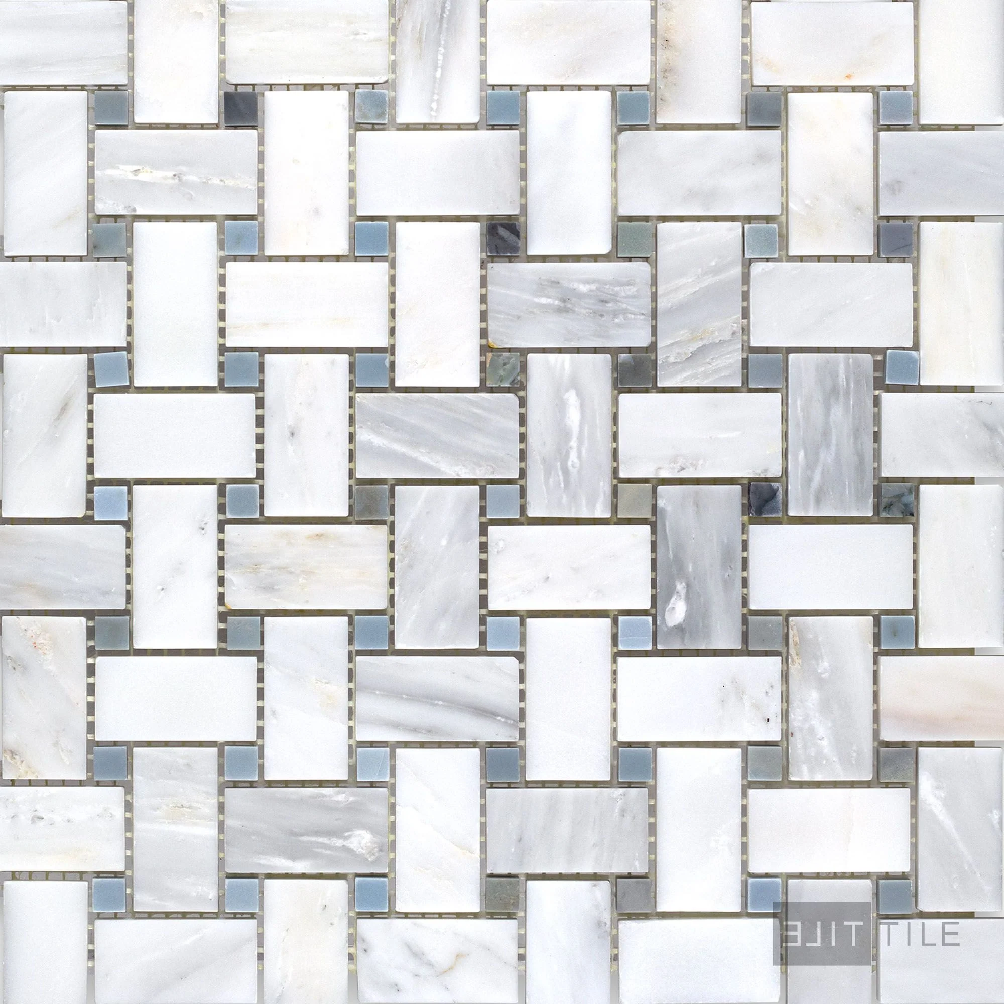 Oriental White Marble Basketweave W/ Blue Dot Honed Mosaic