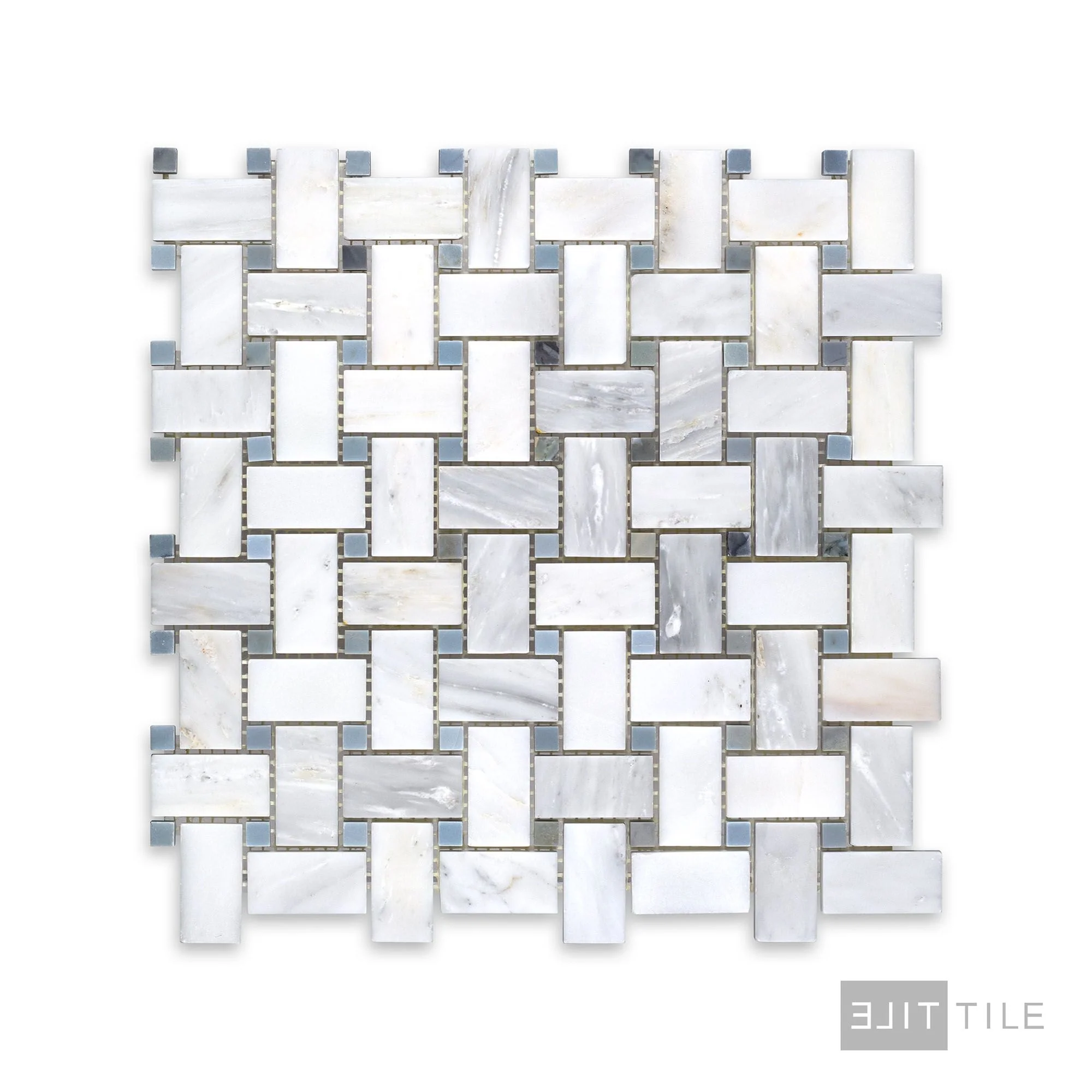 Oriental White Marble Basketweave W/ Blue Dot Honed Mosaic - Image 2