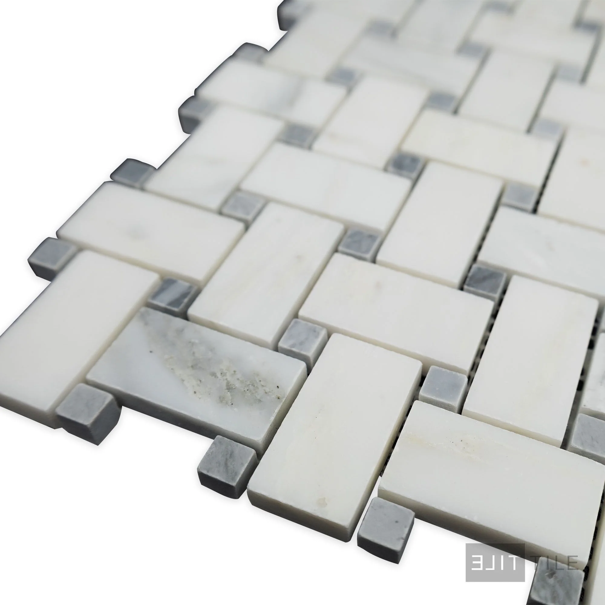Oriental White Marble Basketweave W/ Blue Dot Honed Mosaic - Image 3
