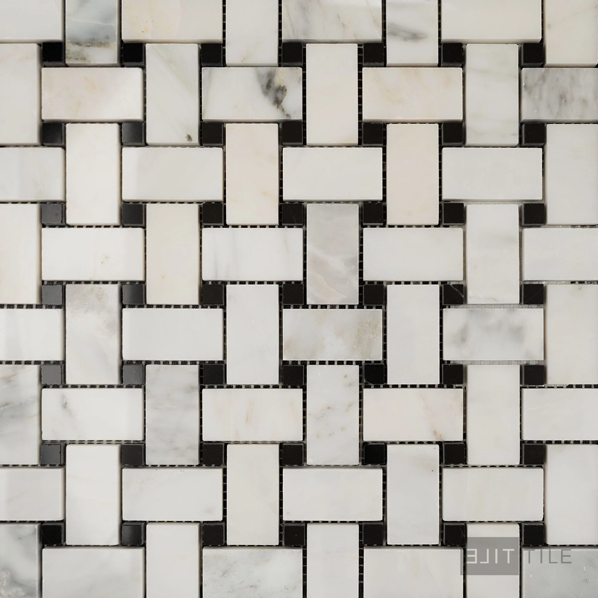 Oriental White Marble Basketweave W/ Black Dot Polished Mosaic
