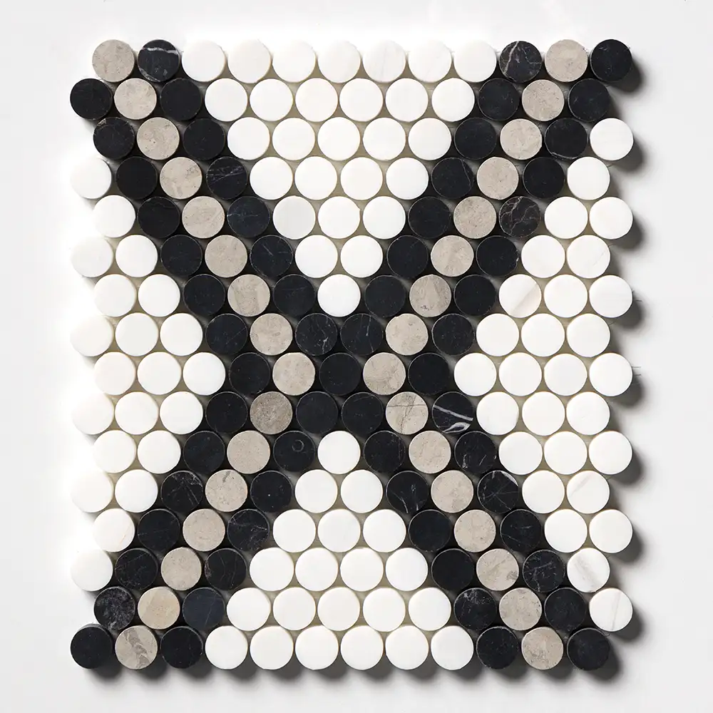 Penny Round Mosaic Collection 10-15/64X11-27/64 Black Britannia Snow White Honed - Image 3