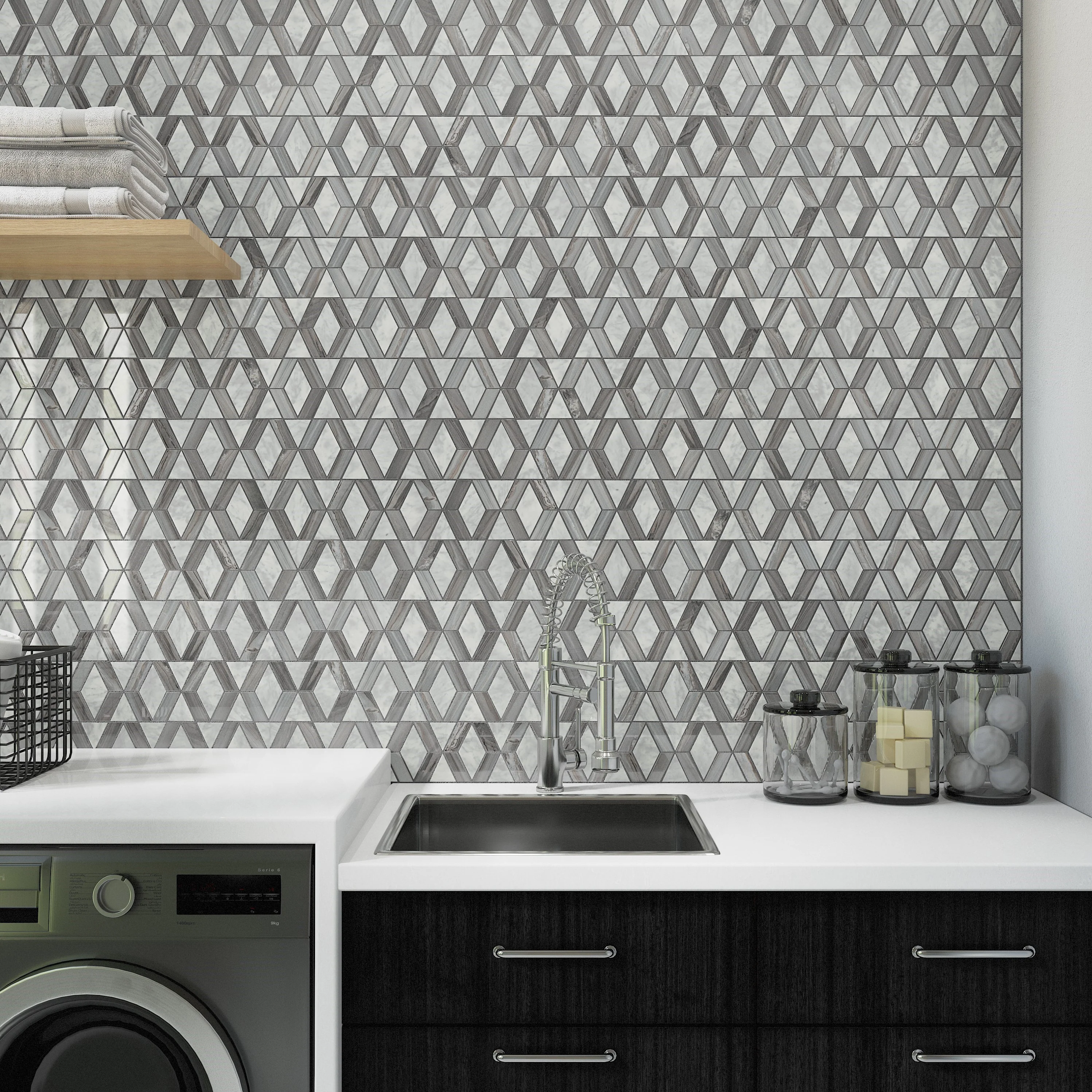 Perfit Mosaix Natural Stone Mosaic Hinge 18X12 Ashen Palissandro & Carrara Wh Polished - Image 2