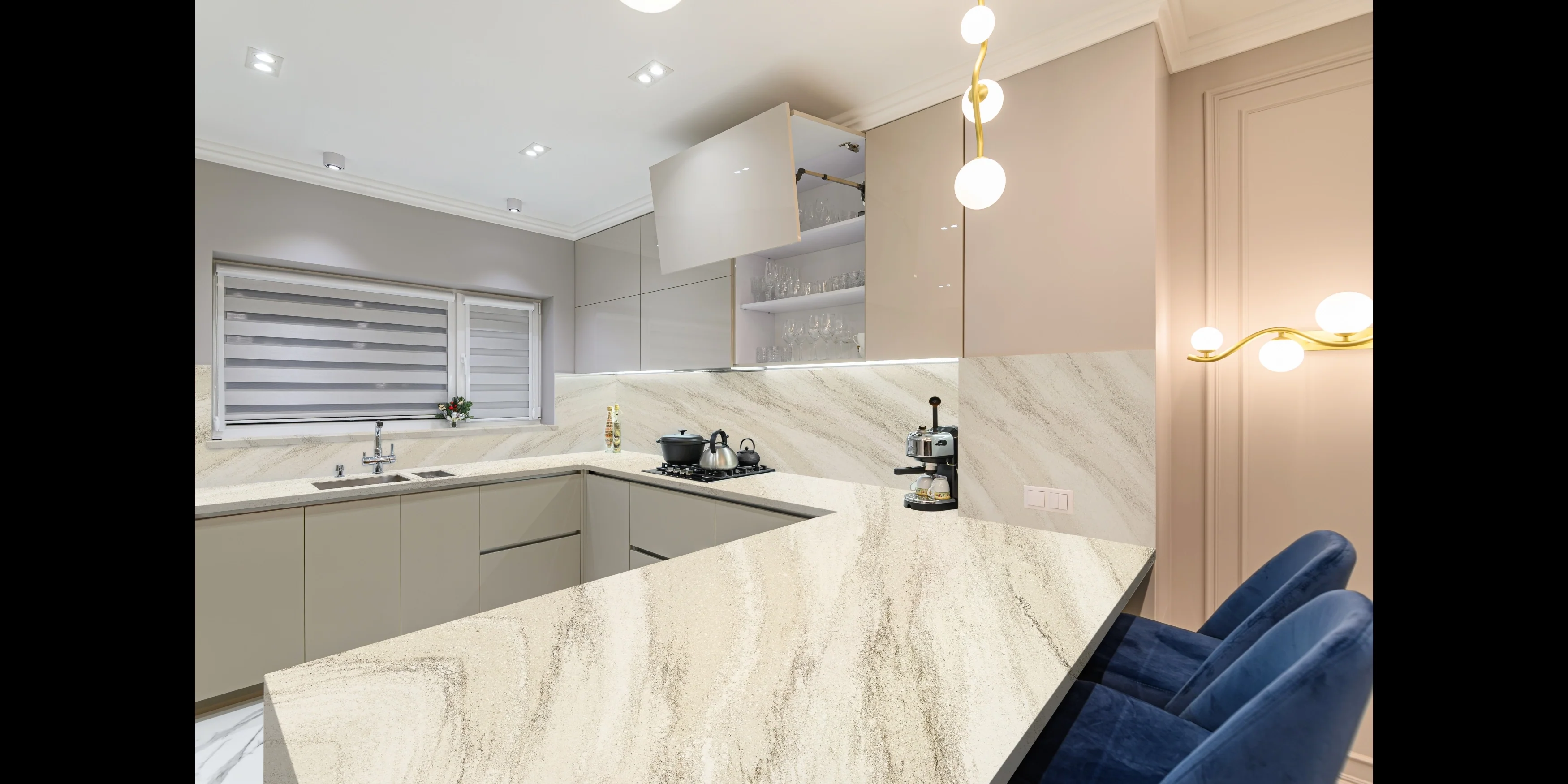 Quartz Prefab Countertop Right 9'X'2' Travertine Gold Polished - Image 2