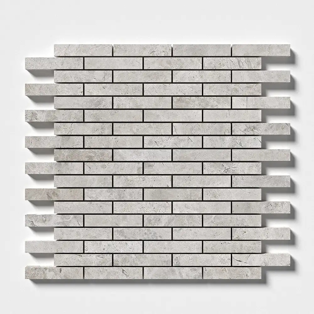 Silver Shadow Marble 5/8X3 Offset Stacked Mosaic 12X12 Silver Shadow Honed