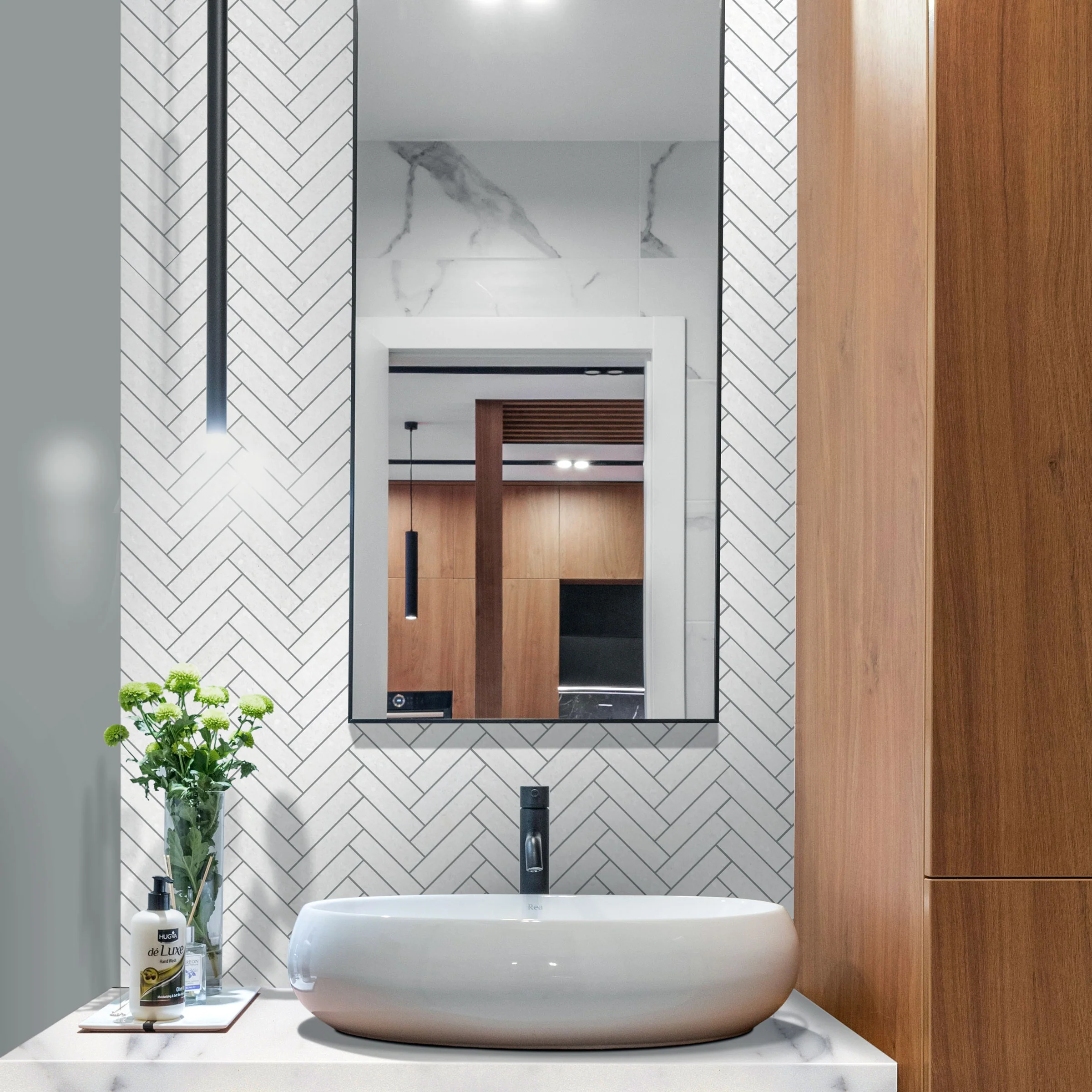 Thassos White Marble 1X4 Herringbone Honed Mosaic - Image 2