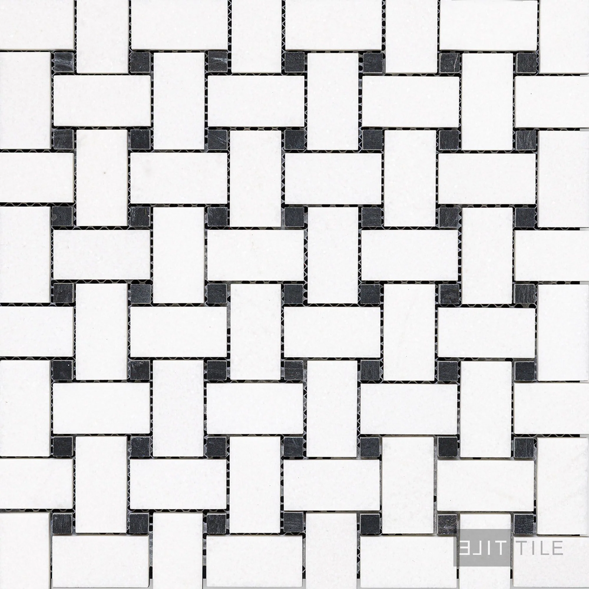 Thassos White Marble Basketweave W/ Black Dot Honed Mosaic