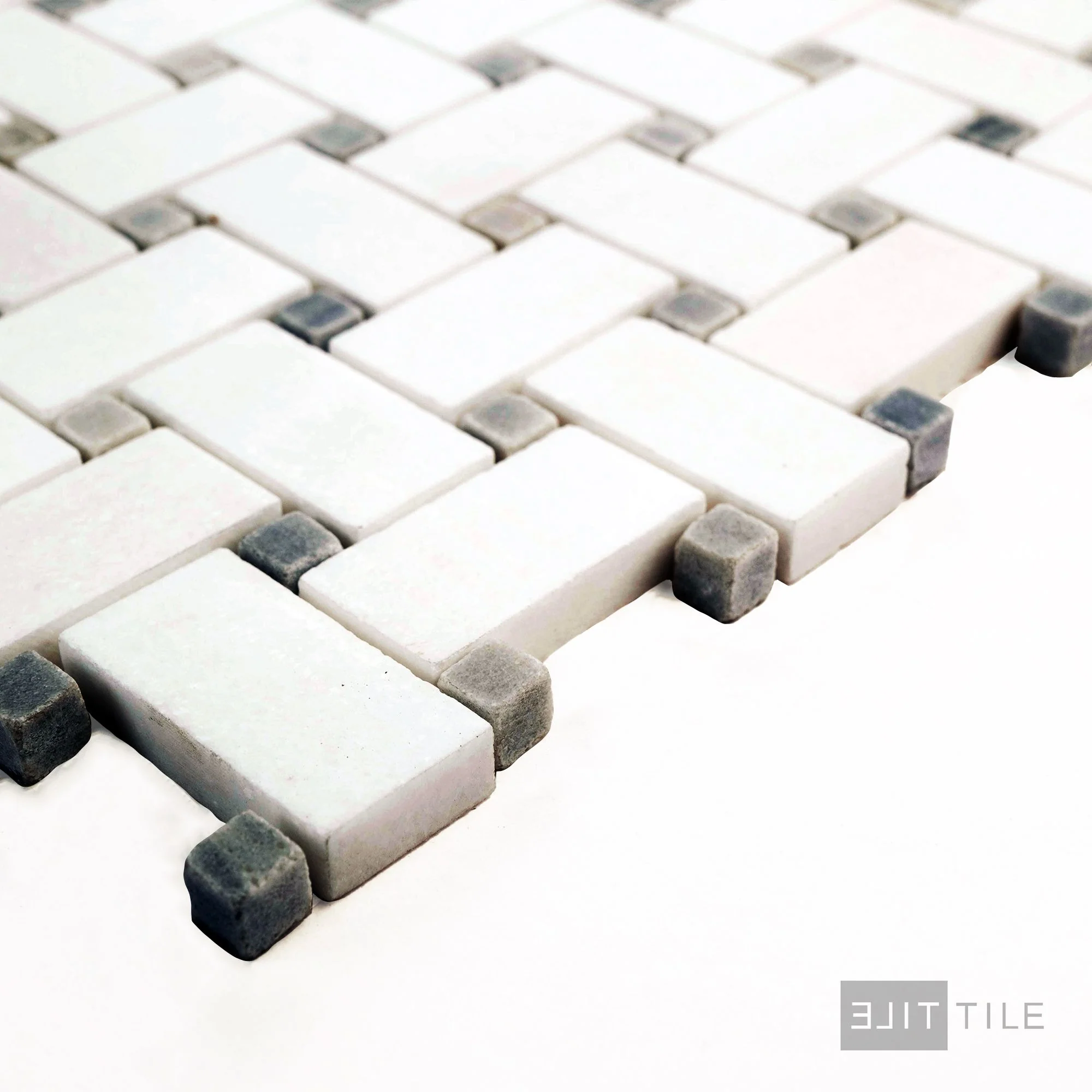 Thassos White Marble Basketweave W/ Blue Dot Polished Mosaic - Image 3