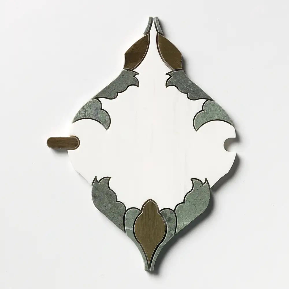 Verde Tia Honed Marble Floral Arabesque Mosaic 8-3/16X11-13/16 Snow White Brass Verde Tia Honed - Image 3