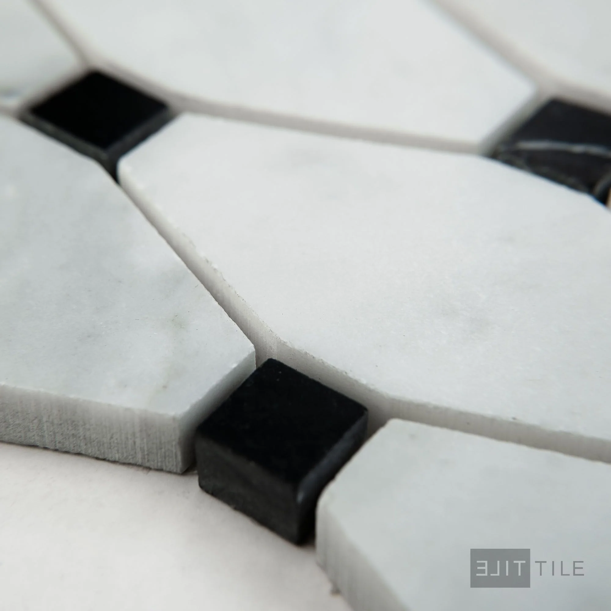 White Carrara Marble Elongated Octagon W/Black Honed Mosaic - Image 3