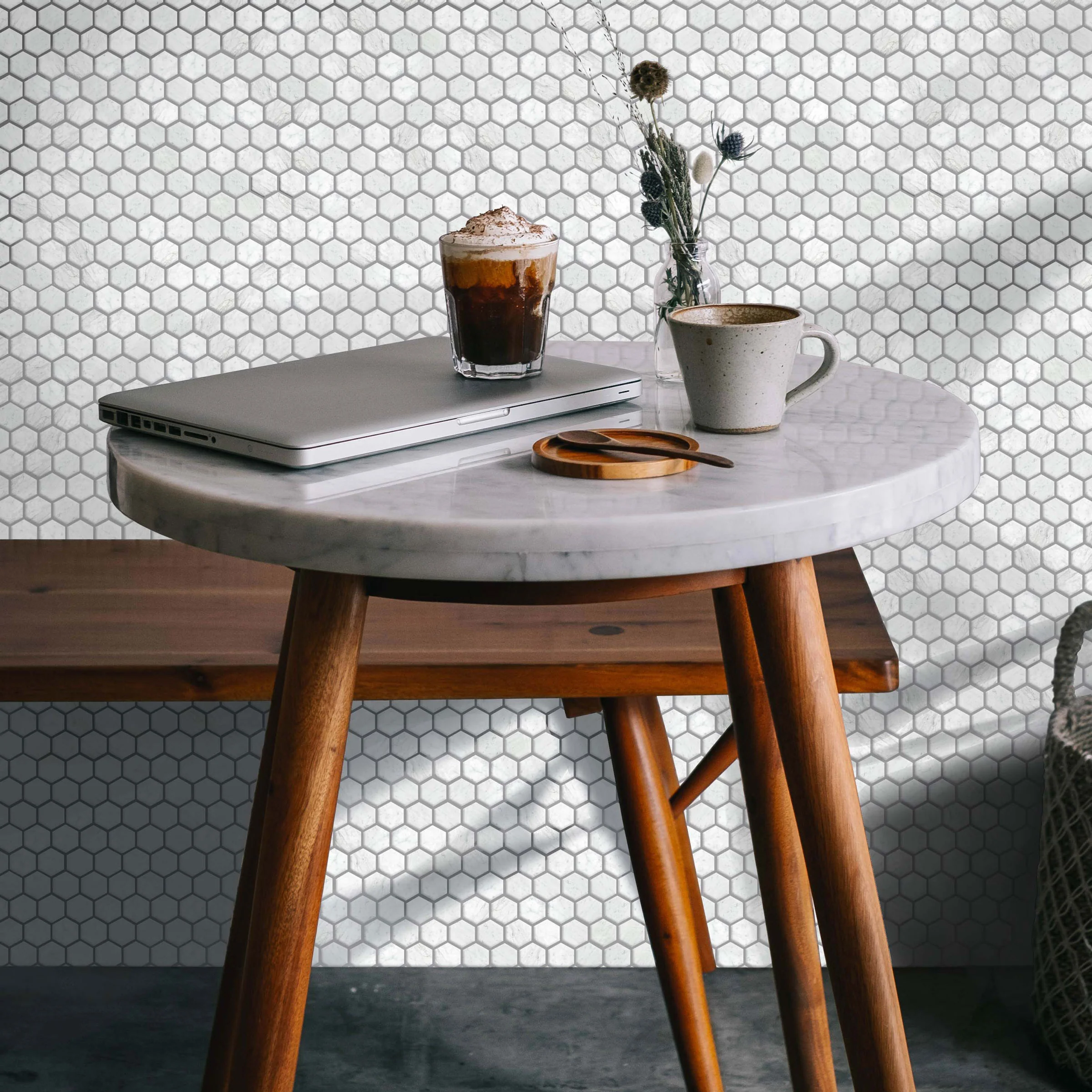 White Carrara Marble 1" Hexagon Honed Mosaic - Image 2