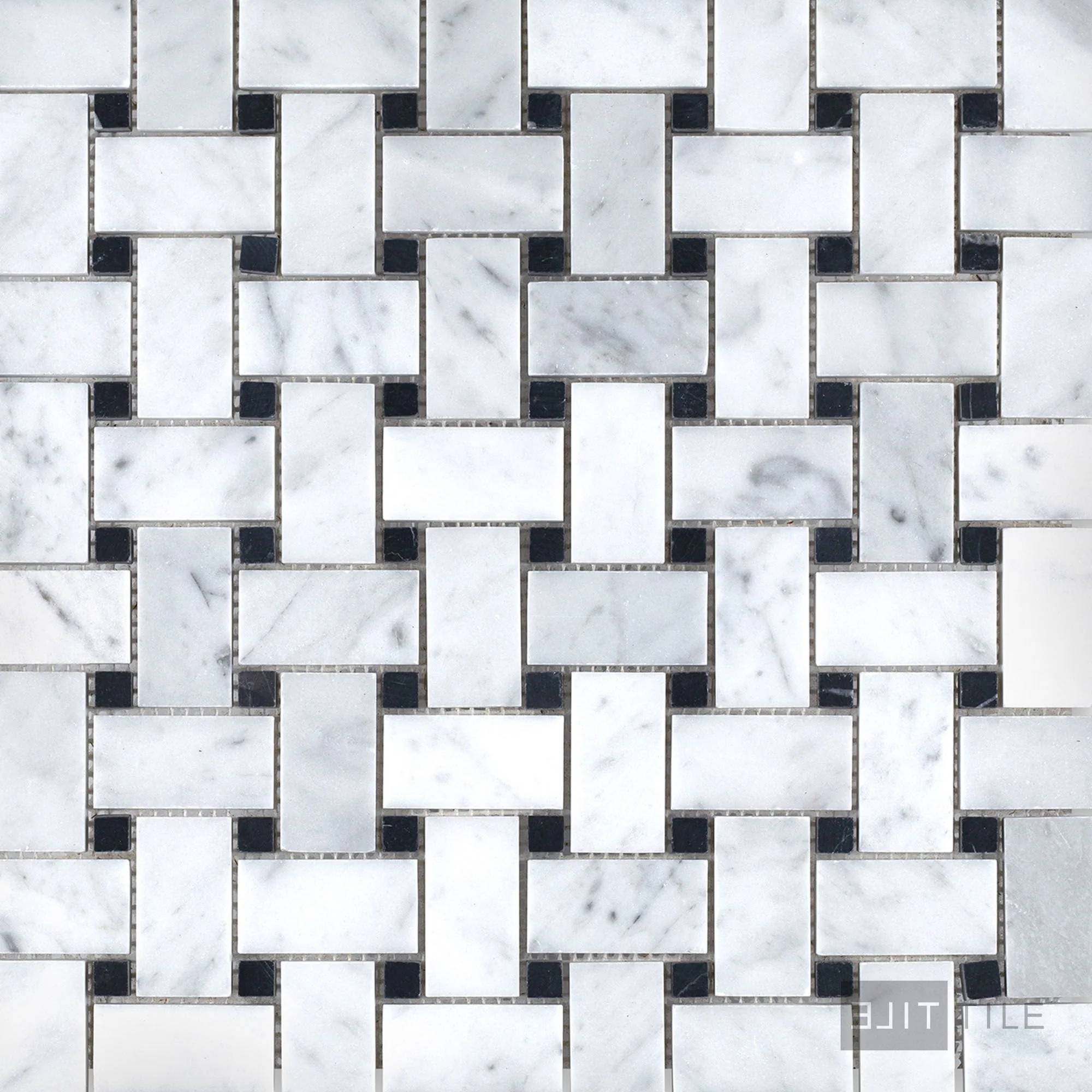 White Carrara Marble Basketweave W/ Black Dot Honed Mosaic