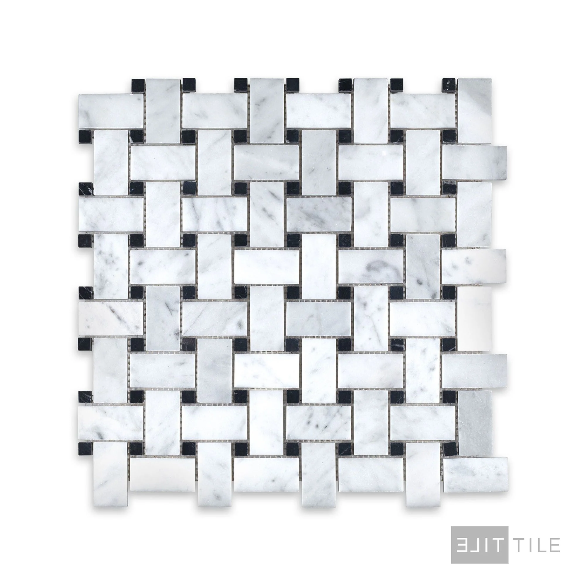 White Carrara Marble Basketweave W/ Black Dot Honed Mosaic - Image 2