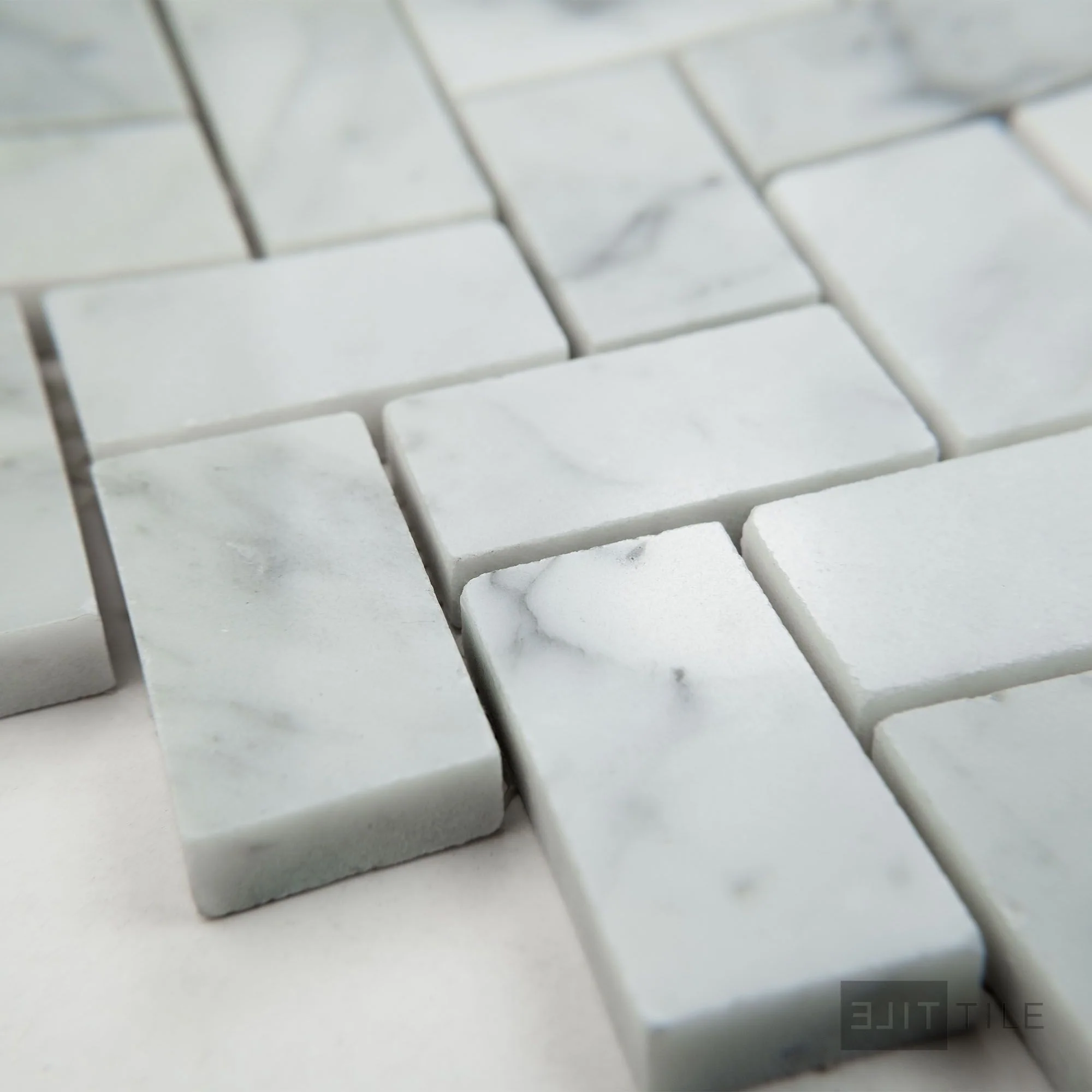 White Carrara Marble Basketweave W/ Black Dot Honed Mosaic - Image 3