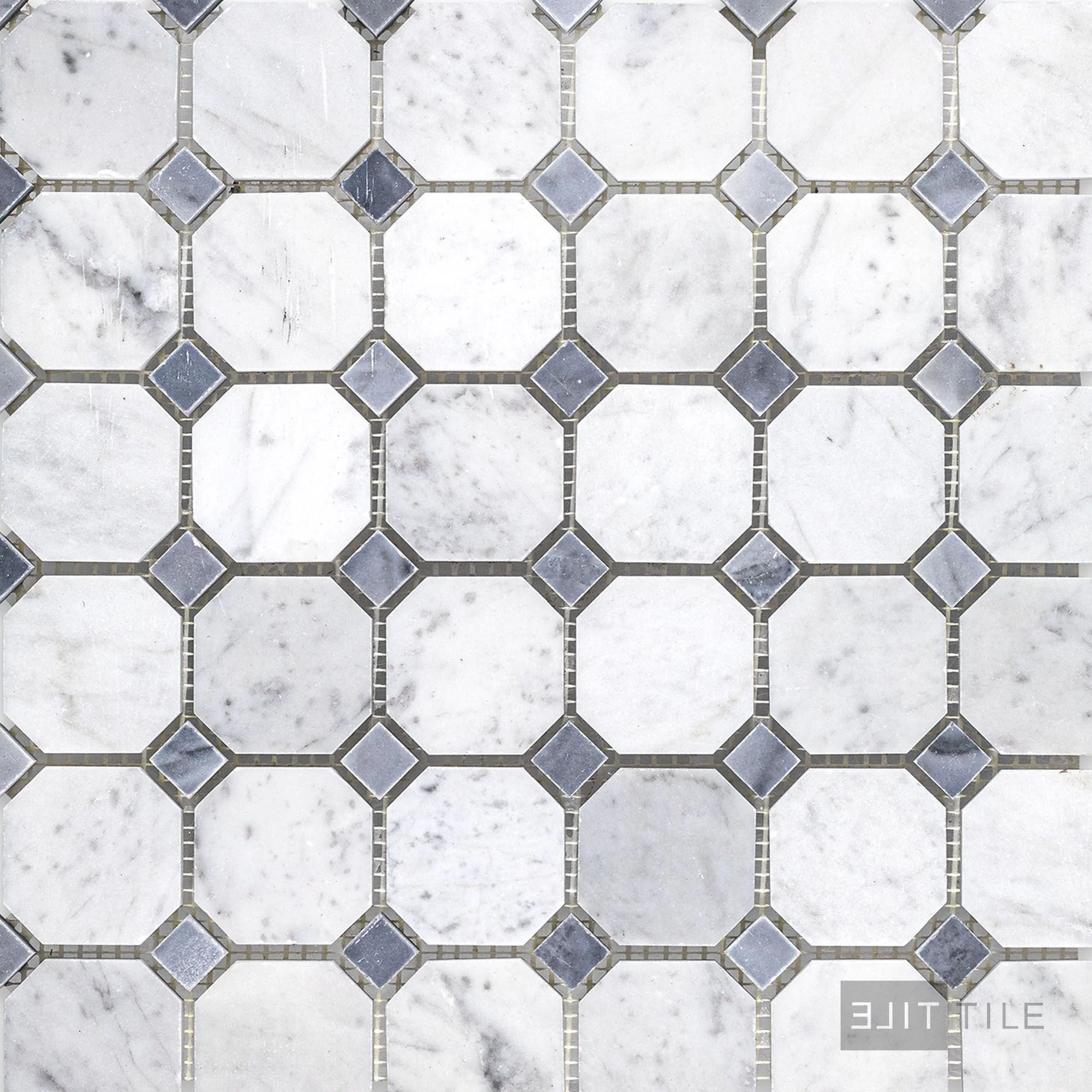 White Carrara Marble Octagon W/Blue Dot Honed Mosaic