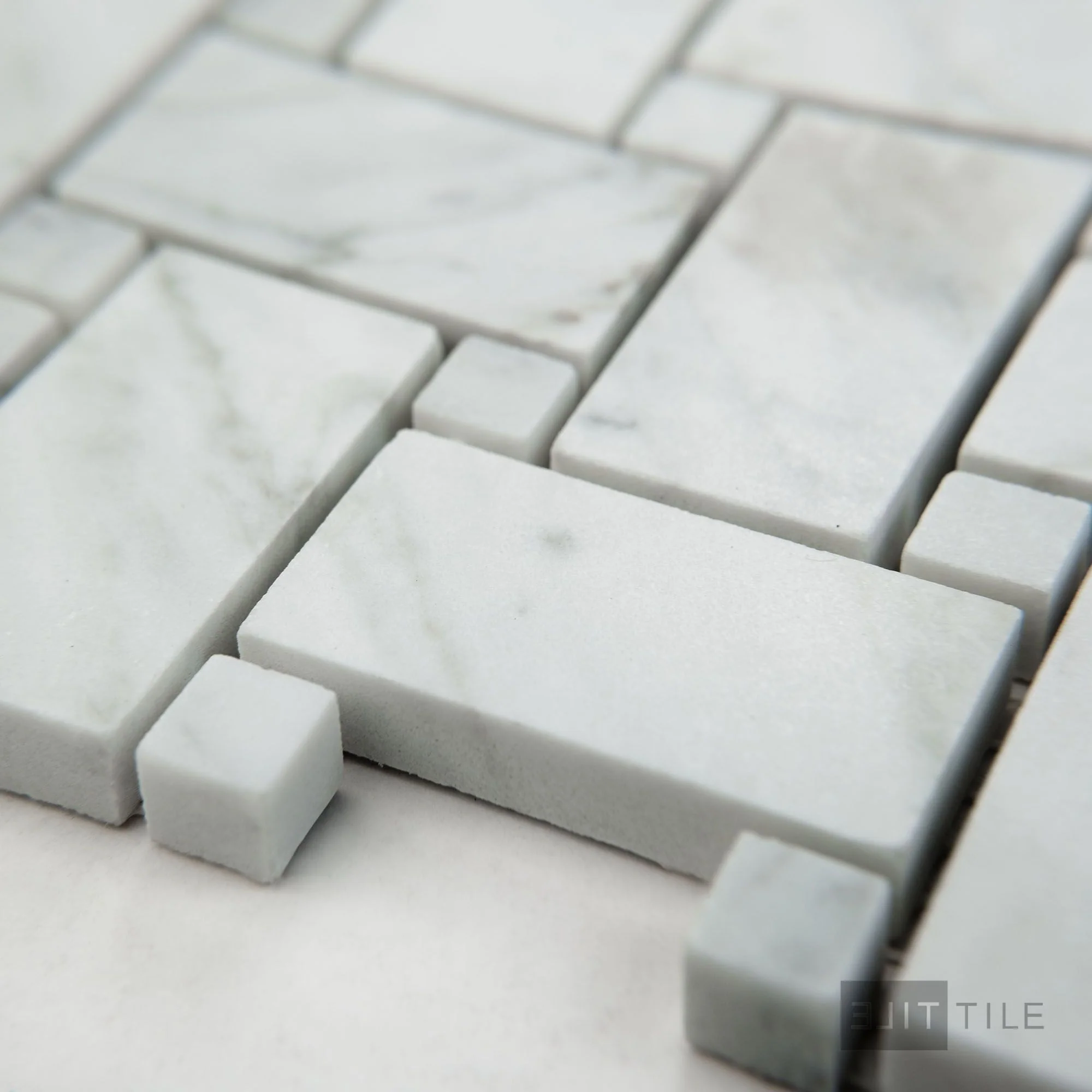 White Carrara Marble Basketweave W/ Blue Dot Honed Mosaic - Image 3