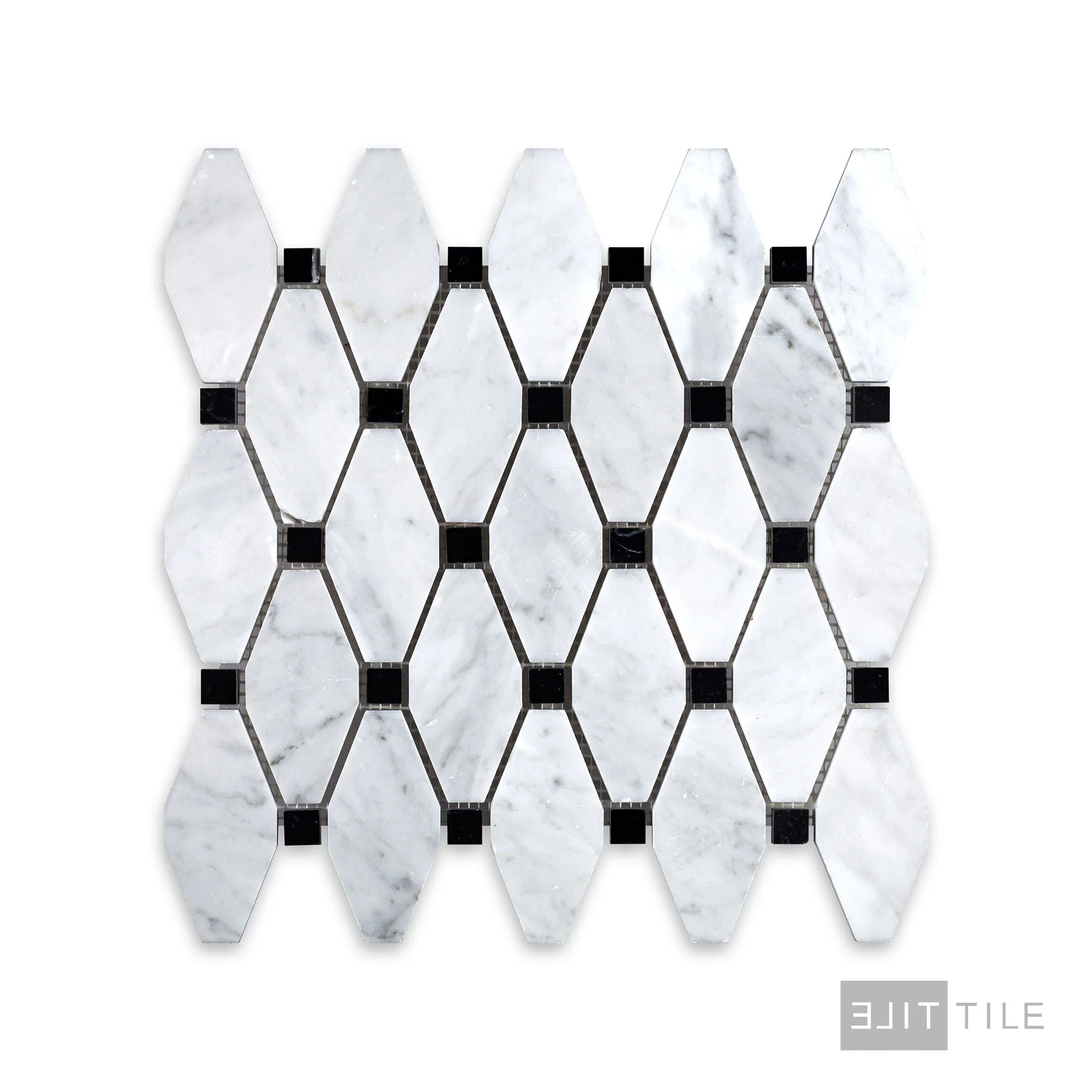 White Carrara Marble Elongated Octagon W/Black Polished Mosaic - Image 2