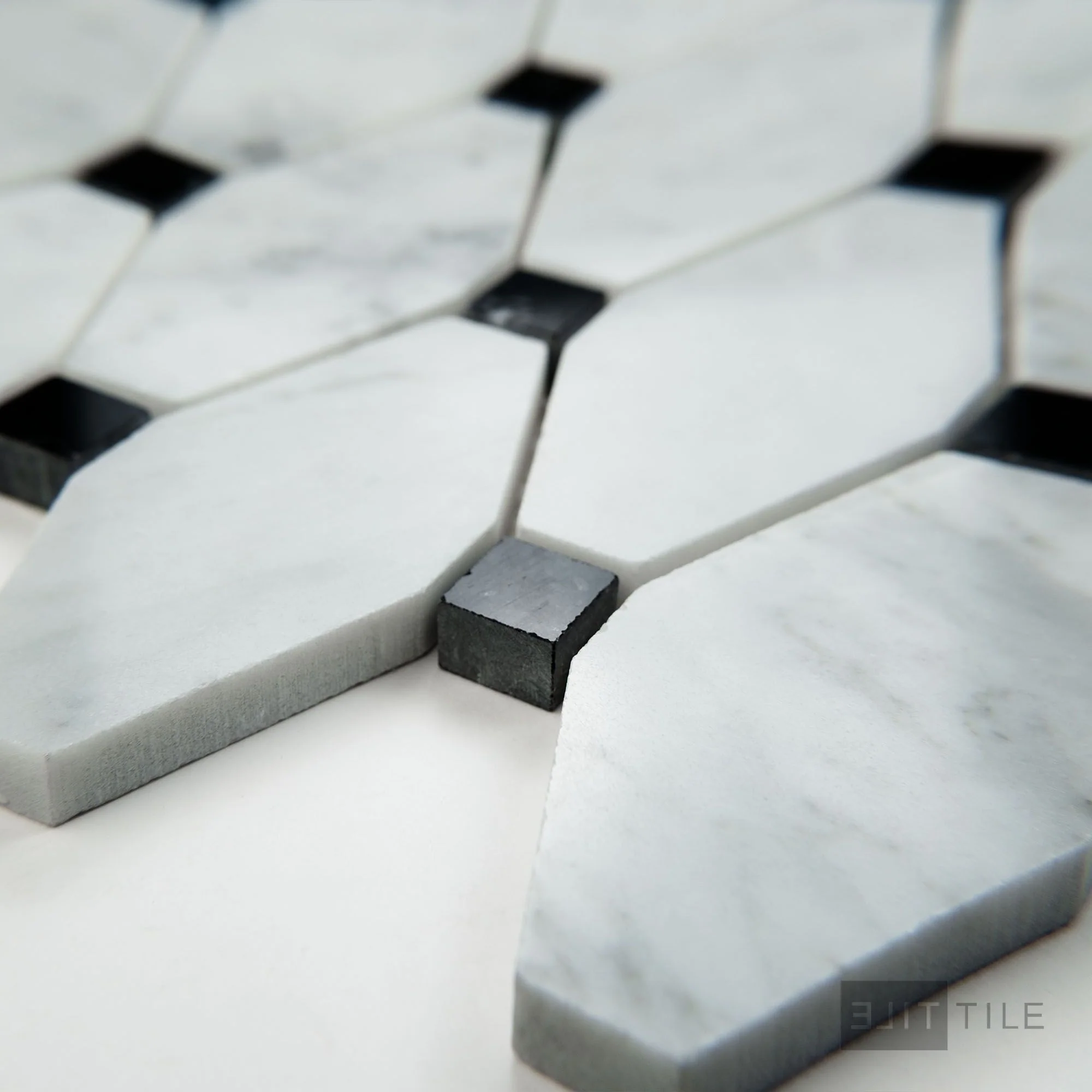 White Carrara Marble Elongated Octagon W/Black Polished Mosaic - Image 3