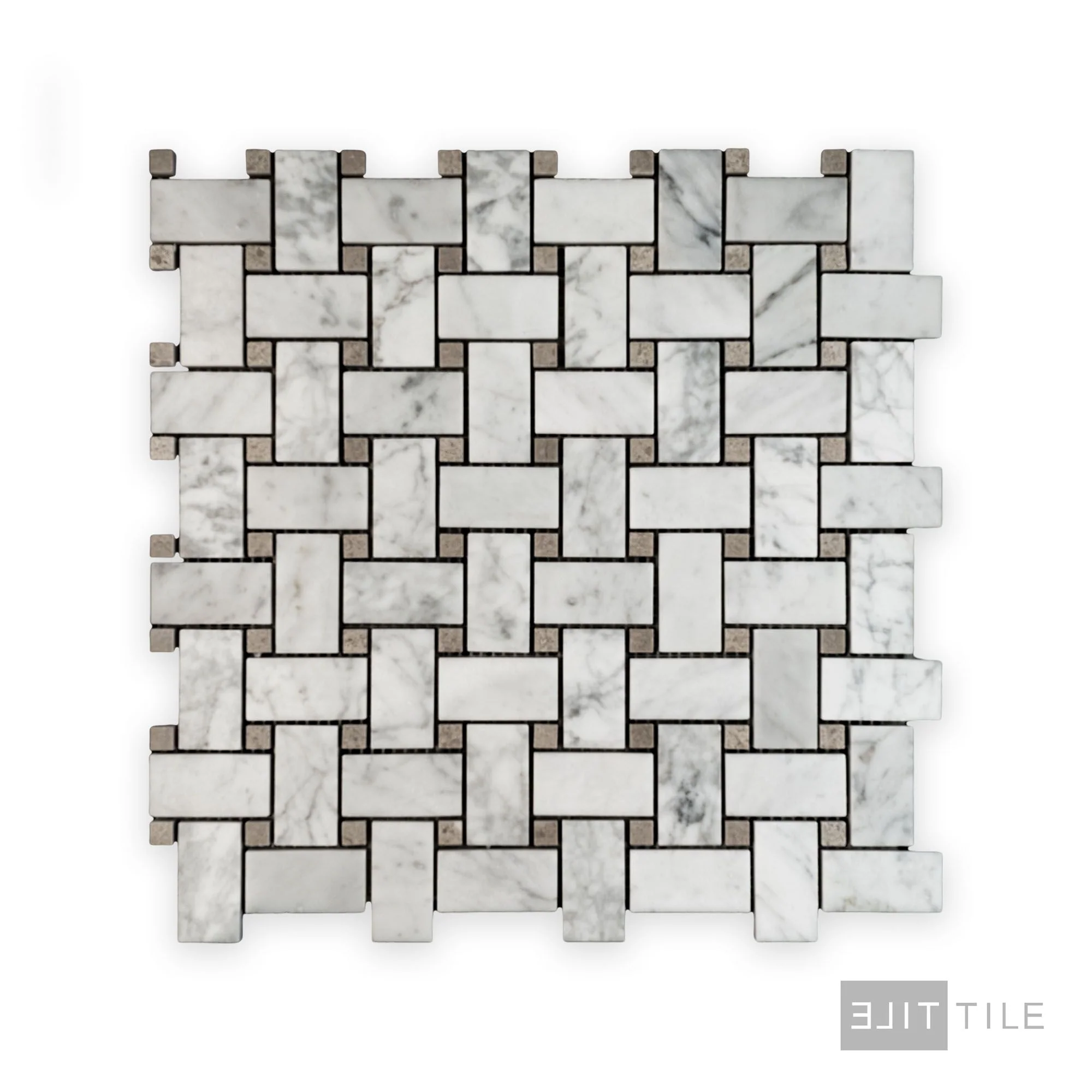 White Carrara Marble Basketweave W/ Grey Dot Polished Mosaic - Image 2