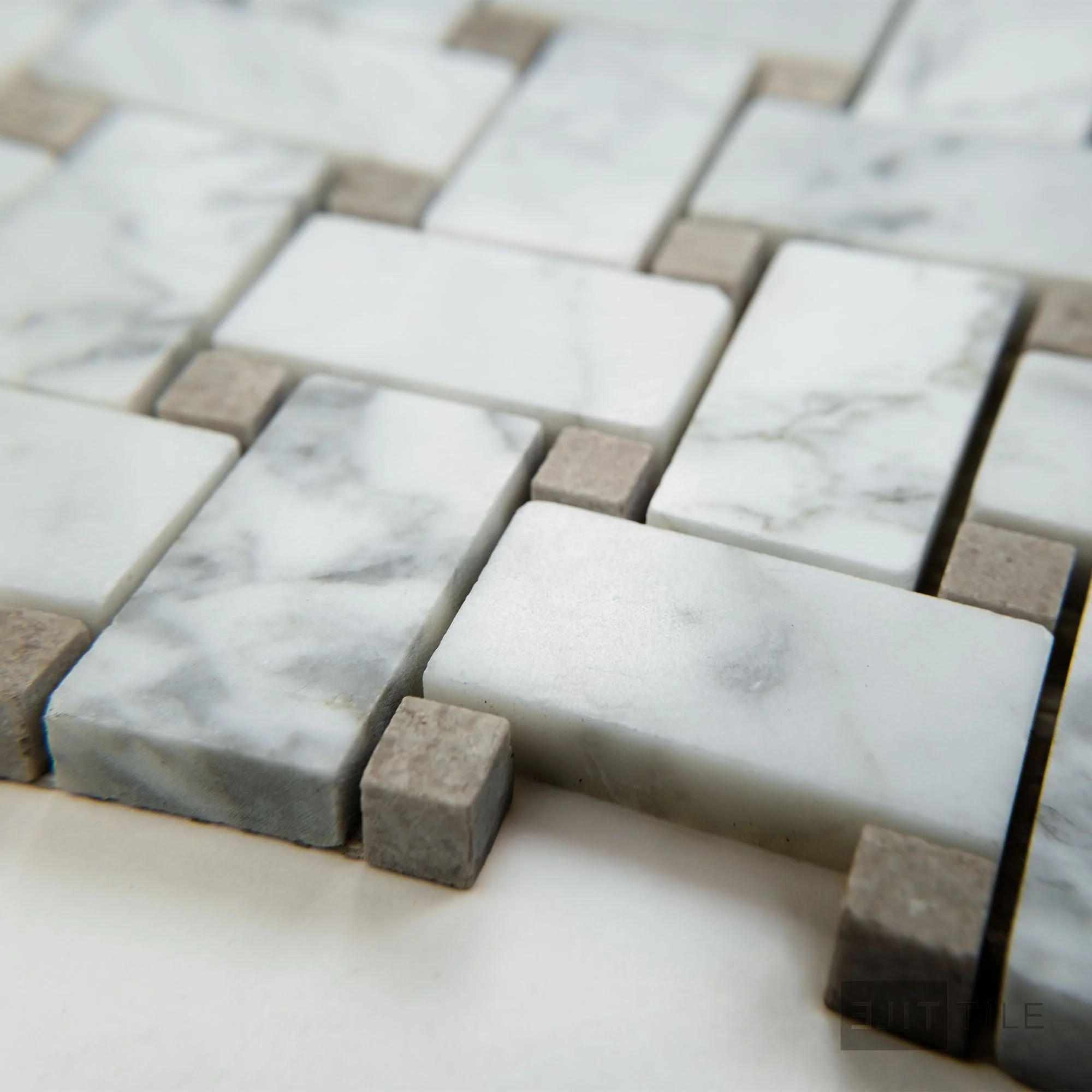 White Carrara Marble Basketweave W/ Grey Dot Polished Mosaic - Image 3