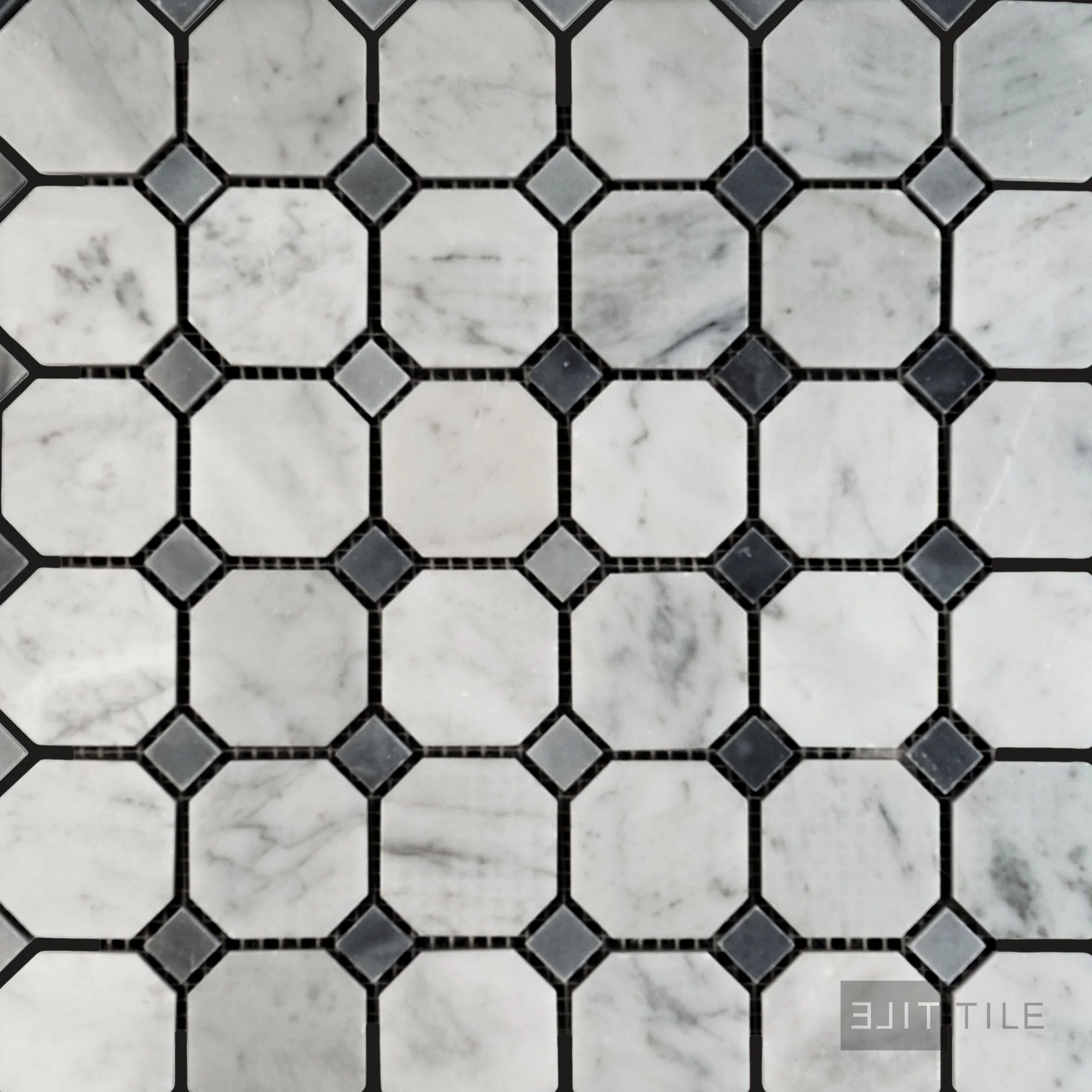 White Carrara Marble Octagon W/Blue Dot Polished Mosaic