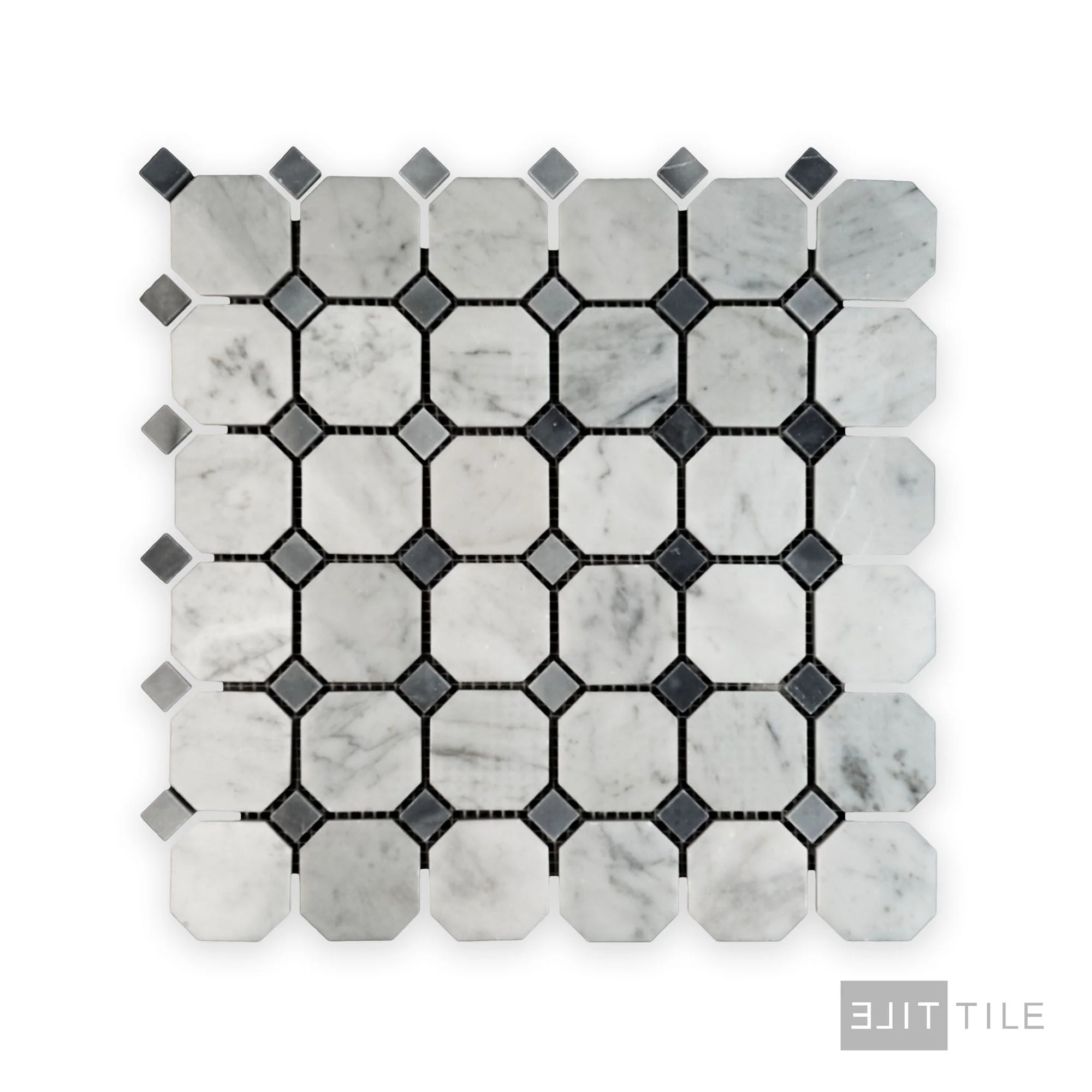 White Carrara Marble Octagon W/Blue Dot Polished Mosaic - Image 2