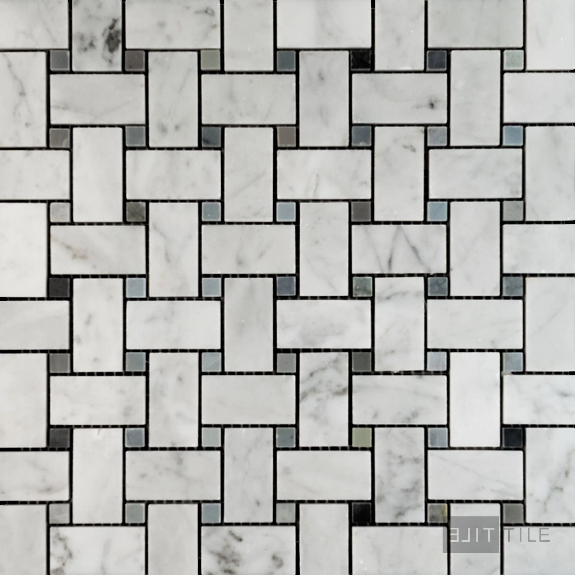 White Carrara Marble Basketweave W/ Blue Dot Polished Mosaic
