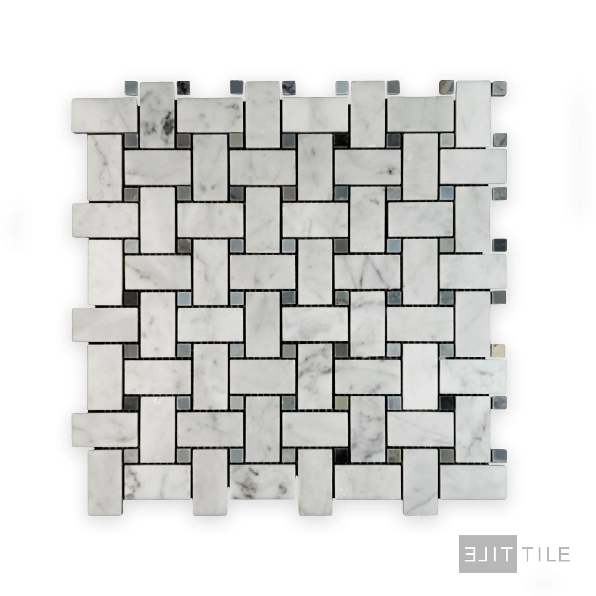 White Carrara Marble Basketweave W/ Blue Dot Polished Mosaic - Image 2