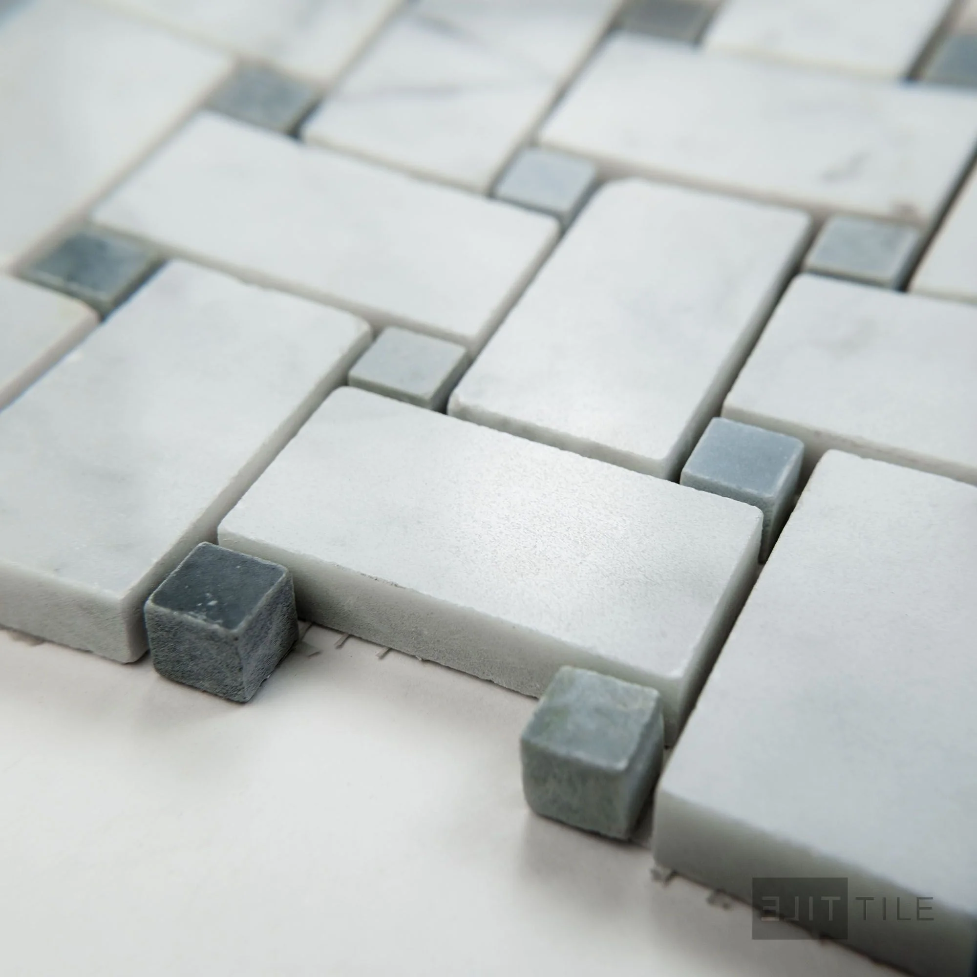 White Carrara Marble Basketweave W/ Blue Dot Polished Mosaic - Image 3