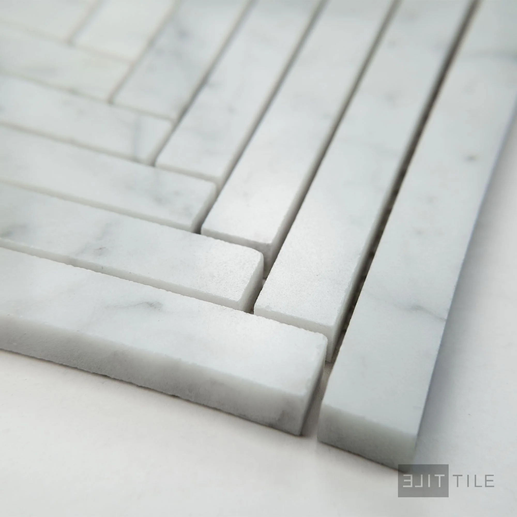 White Carrara Marble 5/8X6 Herringbone Polished Mosaic - Image 3